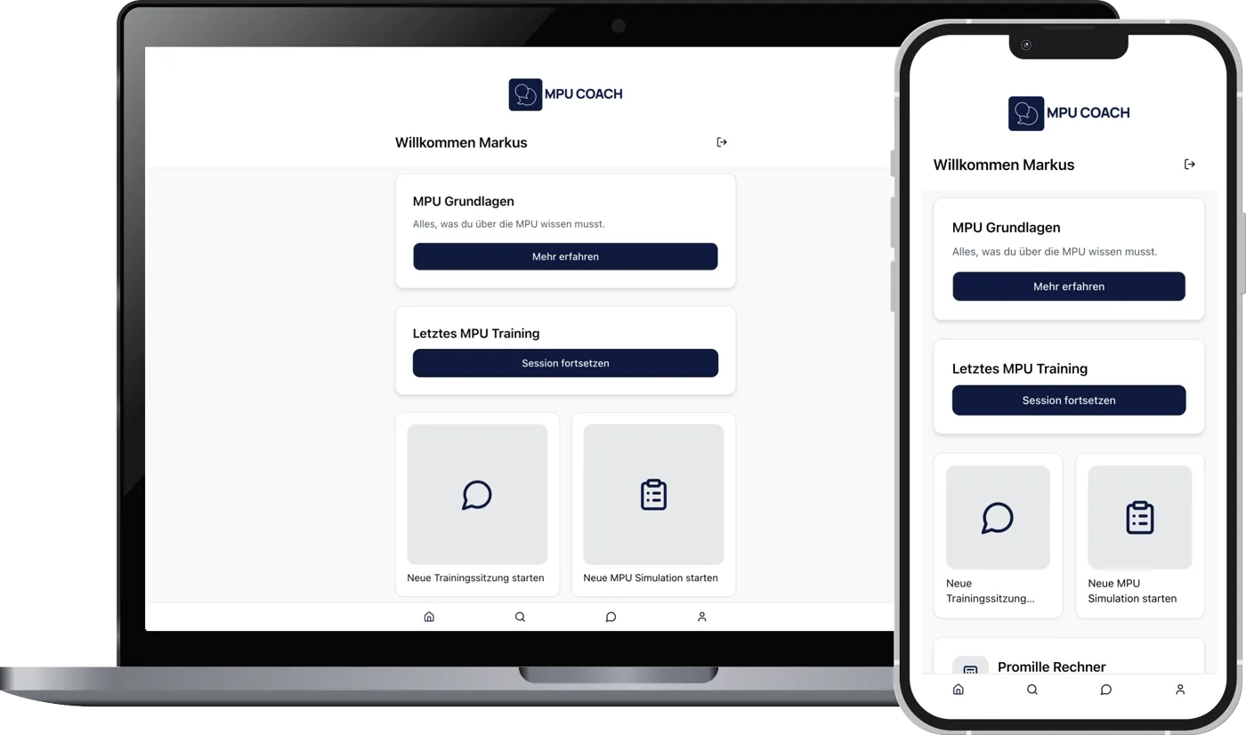 MPU Coach App Vorschau - Digitale MPU-Test-Vorbereitung mit Grundlagen, Coach und Simulator